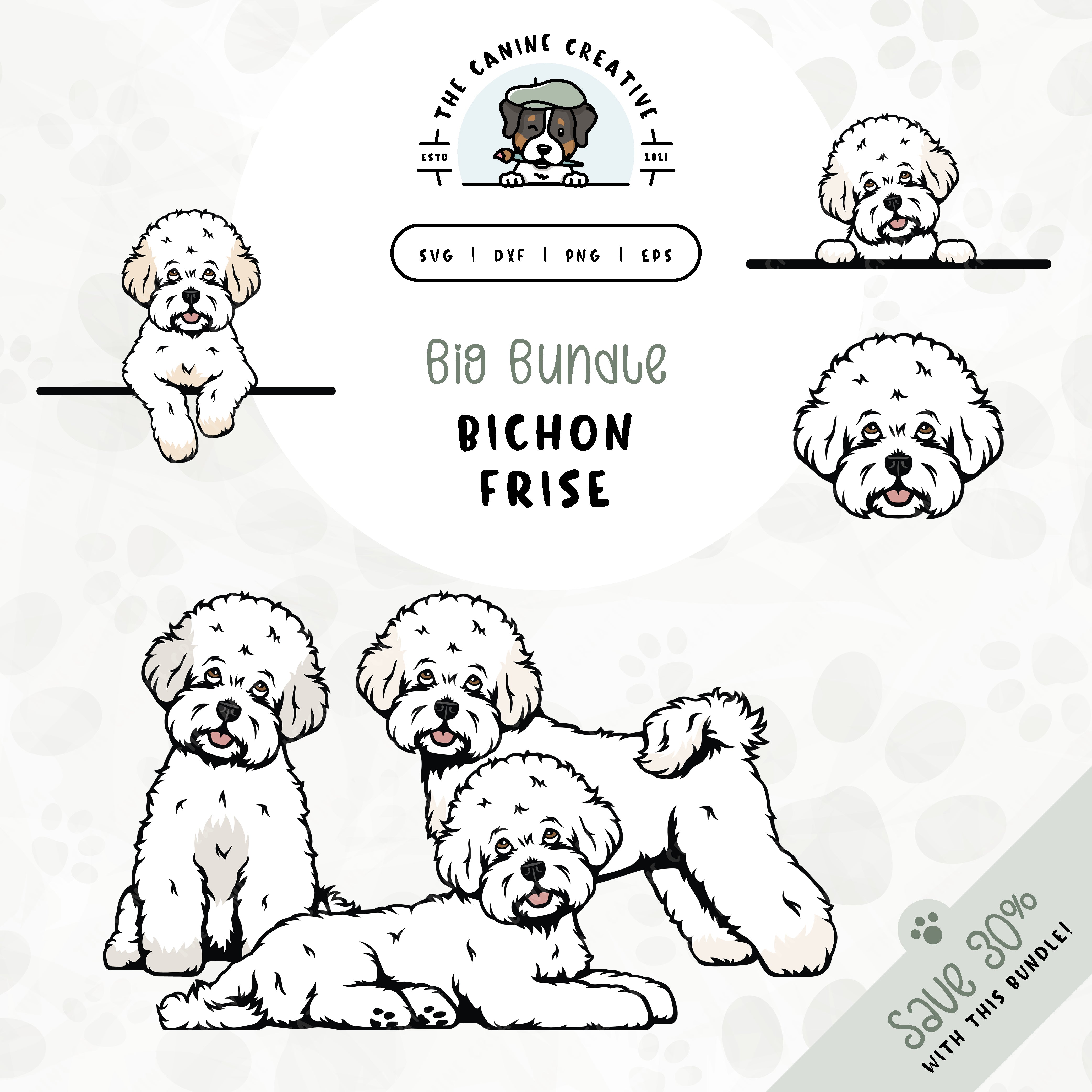 This 6-pack Bichon Frise design bundle includes dog faces and five different poses: sitting, standing, laying down, and peeking (2 options). File formats include: SVG, DXF, PNG, and EPS.